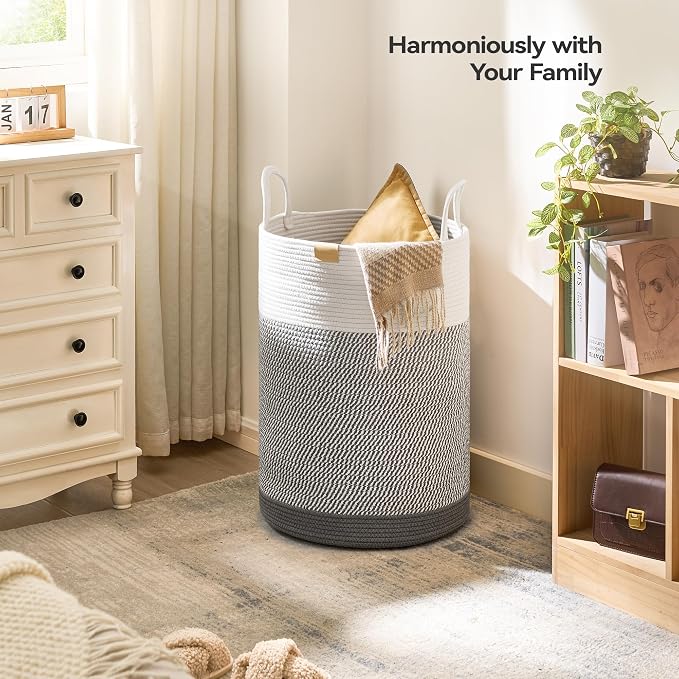 Nunsino Laundry Hamper 75L,Large Laundry Basket for Clothes,Decorative Storage Basket for Blankets,Cotton Rope Woven basket for bedroom,Grey White - Image 2