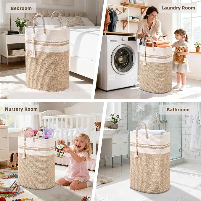 Woven Laundry Basket for Clothes, 80 L Large Rectangle Laundry Hampers with Beads Tassel, Nursery Storage Basket for Toys, Tall Dirty Clothes Hamper for Bedroom Aesthetic, Laundry Room Organization - Image 5