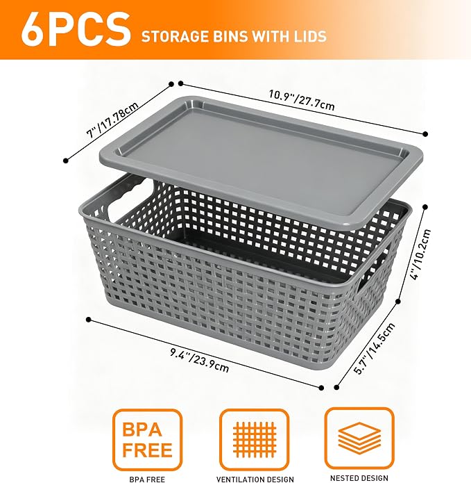 Plastic Storage Baskets With Lid, Storage Bins for Organizing, Stackable Decorative Containers for Shelves Drawers Desktop Closet Playroom Classroom Office, 6 Pack-Grey - Image 2