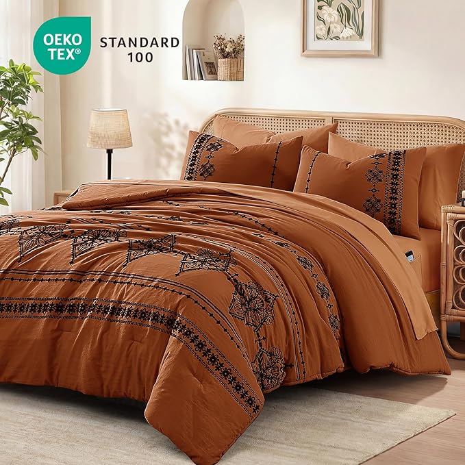 MaiRêve King Size Comforter Set Burnt Orange, Embroidery Floral Western Boho Bedding Set, All Season 7 Pieces Bed in a Bag with Sheets, Pillowcases & Shams