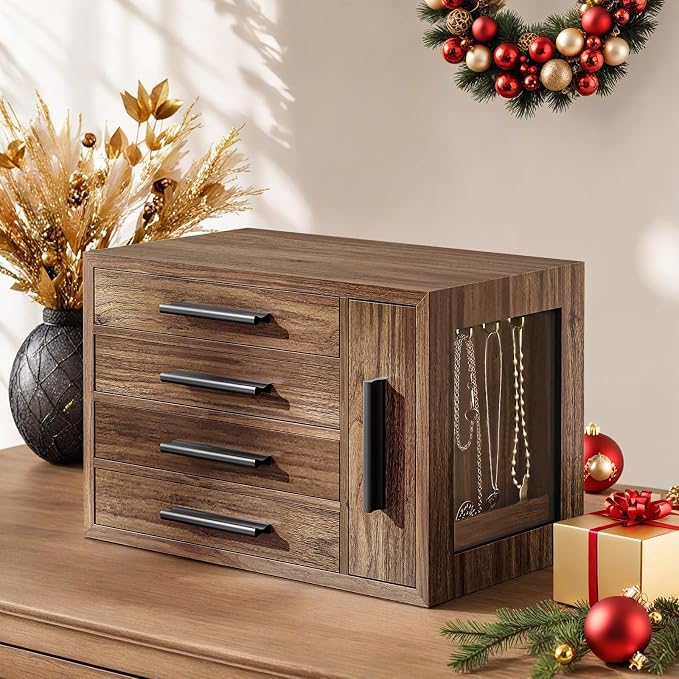 HOOBRO Jewelry Box for Women, Wooden Jewelry Organizer with Transparent Window, 4-Layer Jewelry Organizer Box, Jewelry Holder Organizer for Earrings, Necklaces, Rings, Walnut and Black BH09JB04 - Image 3