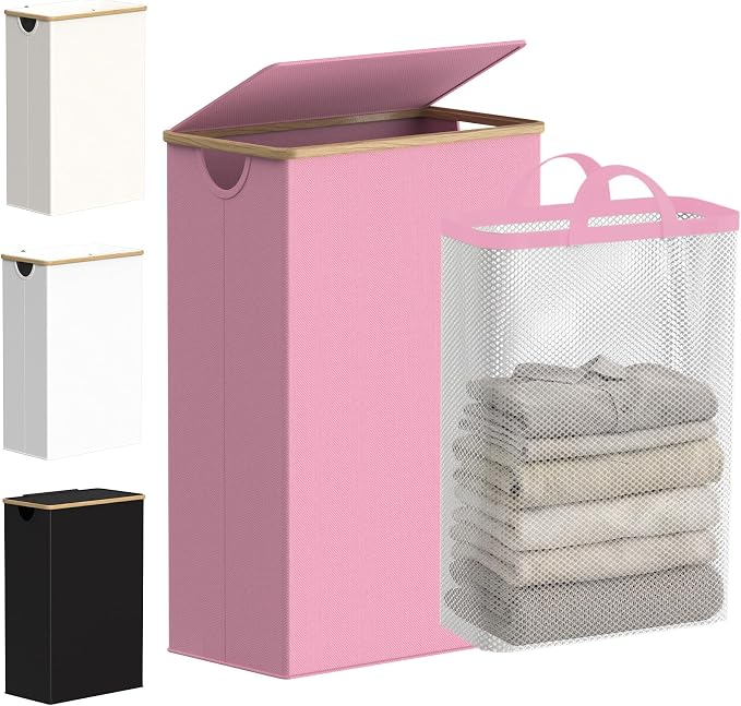 efluky Slim Laundry Basket with Lid, Narrow Laundry Hamper with Removable Bag, Skinny Dirty Clothes Basket with Bamboo Handles for Bathroom, Bedroom & Laundry Room, 75L Pink by efluky