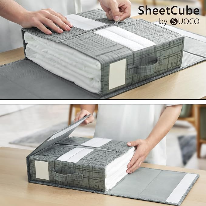 SUOCO SheetCube Bed Sheet Organizers and Storage 8 Pack, Foldable Linen Closet Organizer with Window and Label, Bedding Storage Box Container for, Duvet Cover Set, Bed Sheet Set - Pattern Grey - Image 3