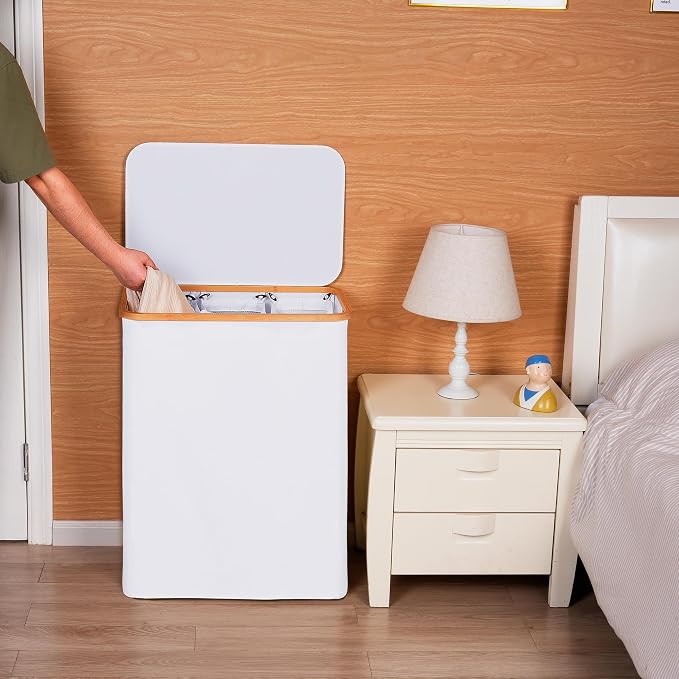 efluky Laundry Hamper with Lid, Double Laundry Hamper with 2 Removable Bags, 2 Section Laundry Basket with Bamboo Handles for Bathroom, Bedroom & Laundry Room (White, 160L Trio) - Image 5