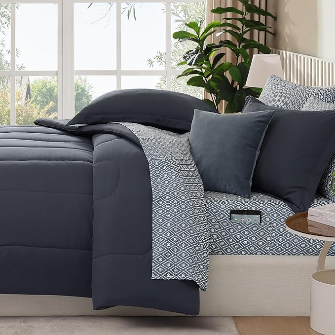 Monbix King Size Comforter Set - 7 Pieces Bed in a Bag King, Blue Grey Track Stitching Bedding Sets with Comforter, All Seasons Comforter Bed Set with Sheets, Pillowcases & Shams