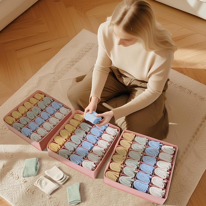 Joyoldelf 4-Pack Pink Fabric Dresser Drawer Organizers, 24-Cell Sock Drawer Divider, Non-woven Material - Image 3