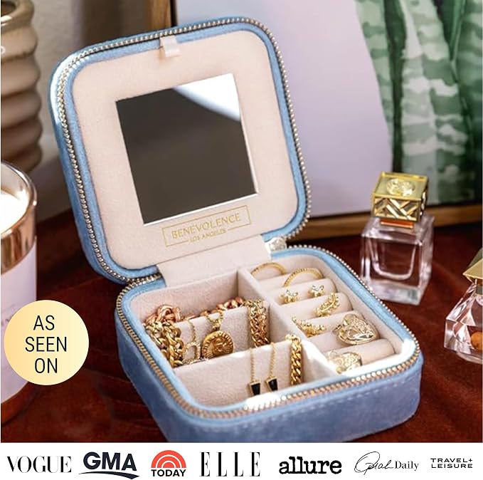 Benevolence LA Plush Velvet Jewelry Box | Travel Jewelry Case Organizer with Mirror | Featured in Oprah's Favorite Things | Best Gifts For Daughter, Girlfriend, Mom | Gifts For Her - Periwinkle Blue - Image 6