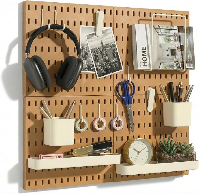 Keepo Peg Board Wall Organizer – Plastic Pegboard Panels, Modular Peg Board Storage System for Home Office, Craft Room, Gaming Setup (Tan Brown, 22″×22″) by Keepo