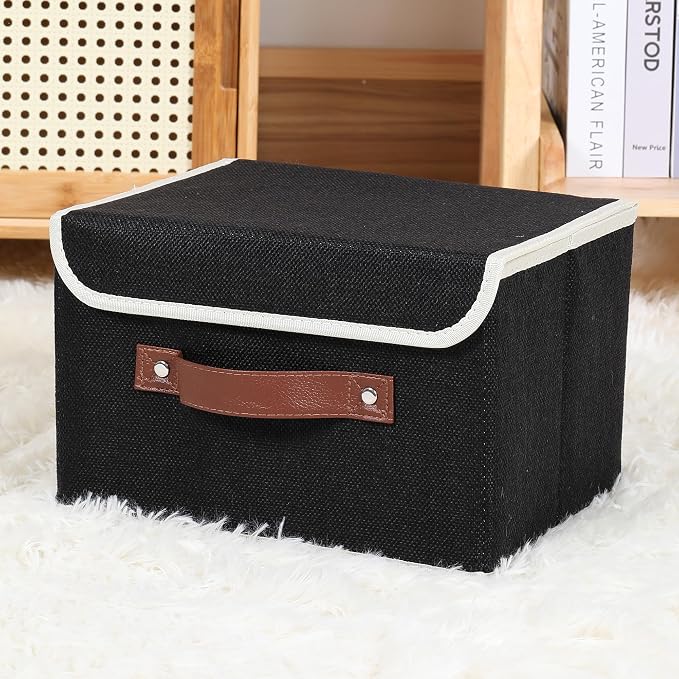 ANMINY 2PCS Storage Bins with Lid PU Leather Handles Storage Boxes PP Plastic Board Decorative Foldable Lidded Cotton Linen Fabric Home Cubes Baskets Closet Organizer Containers - Black, Large Size - Image 7