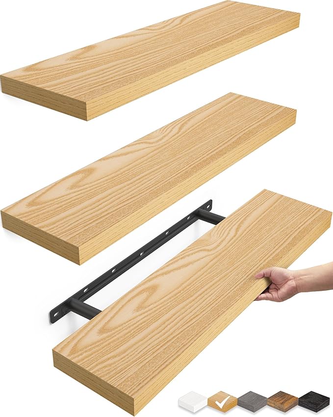 BAYKA Floating Shelves for Wall, 22.5 inches Wall Mounted Rustic Wood Shelves for Bathroom, Bedroom, Living Room, Floating Shelves for Books/Storage/Decor (Light Oak-Toned,Set of 3) by Bayka
