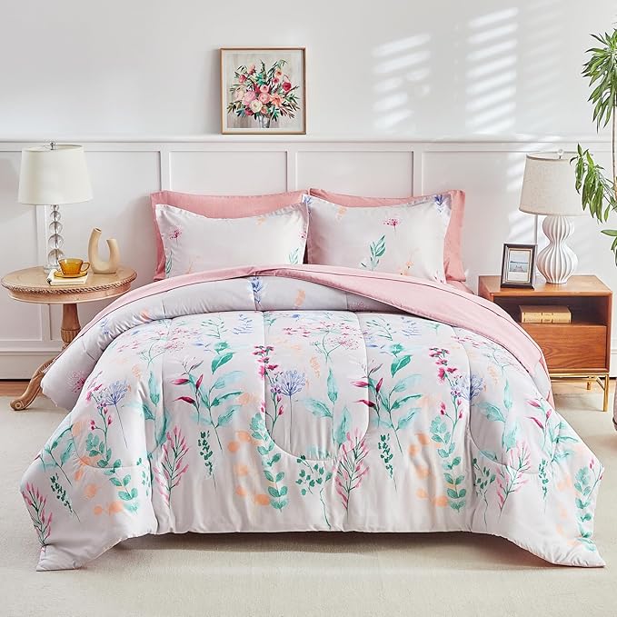 AIKASY 7-Piece Comforter Set Bed in a Bag, King Size, Floral Watercolor Pattern - Bedding Set with Comforter, Pillow Shams, Fitted Sheet, and Pillowcases - Soft and Cozy All-Season (Pink Floral)