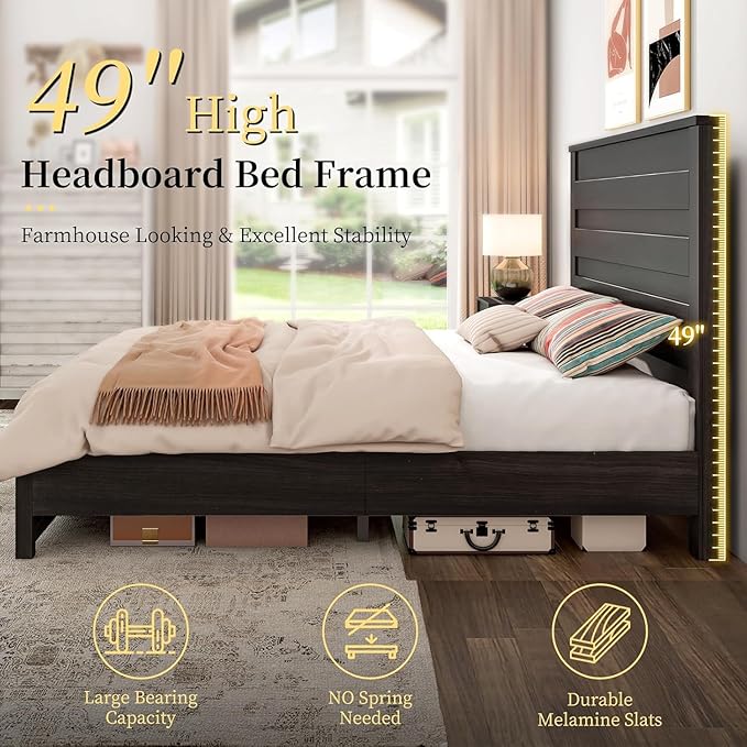 LUXOAK 3 Pcs Bedroom Furniture Sets - Includes Farmhouse Queen Size Bed Frame with 49" Tall Headboard and Nightstand Sets of 2 with Charging Station, Slated Handles & Stainless Steel Feet, Black