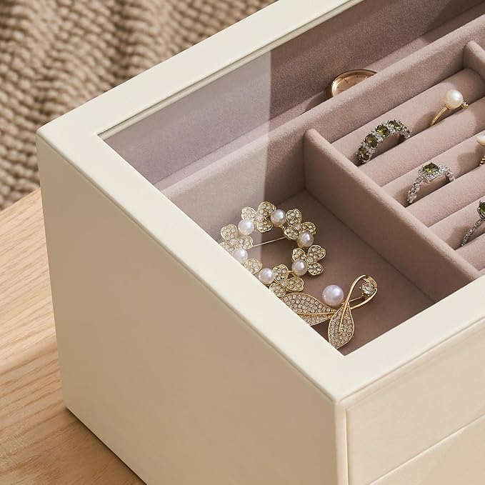 pickpiff Jewelry Box Organizer Case for Women: 3-Layer Jewelry Storage Case with Glass Window, Ivory Leather with Pink Velvet, Holder for Ring Necklace Bracelet Brooch Watch, Great Gift for Her - Image 8