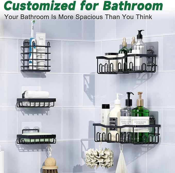 Shower Caddy 5 Pack Rustproof Stainless Steel Bath Organizers With Large Capacity, No Drilling Shelves, Adhesive Shower Caddy, for Bathroom Storage & Home Decor, SC02, Black - Image 2