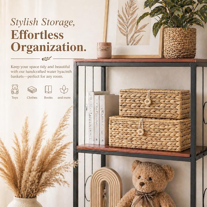 LUSYDECO Set of 2 Rectangular Wicker Storage Bins with Lid, Rattan Basket Decorative Boxes, Multipurpose Organizer Display Boxes for Shelf Organizer, Boho Rattan Box for Home Decoration - Image 2
