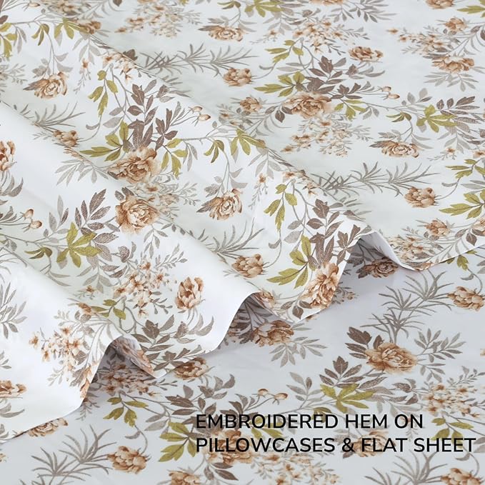 Feather & Stitch Printed 500 TC Queen Size 4pc Damask Bed Sheet Set, 100% Soft Cotton Breathable Bedsheets, 18" Deep Pockets Sateen Weave Striped Bedding Mattress Resort Hotel Luxury - Rose Floral