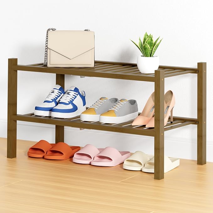 Smiry Shoe Rack, 2 Tier Thick Bamboo Shoe Organizer, Stackable Free Standing Wooden Shoe Storage Shelf for Closet, Entryway, Front Door Entrance, Walnut by Smiry