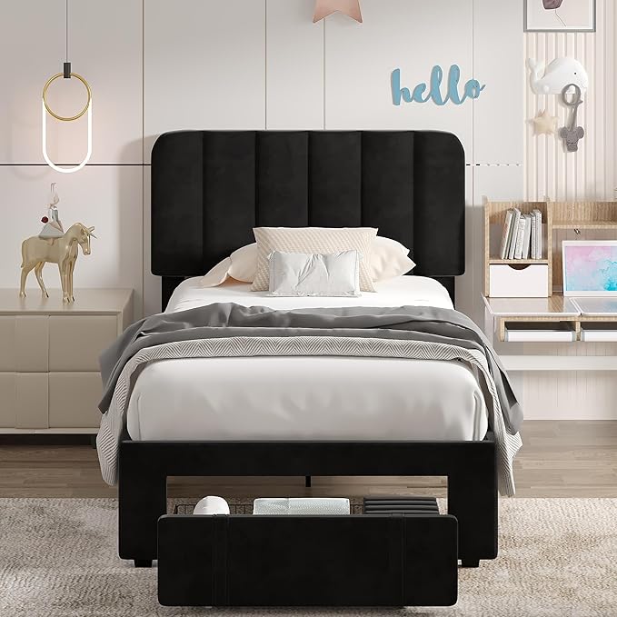 VECELO Twin Size Upholstered Bed Frame with 4 Drawers and Headboard, Velvet Platform Storage Bedframe, Wooden Slats Support, No Box Spring Needed,Black