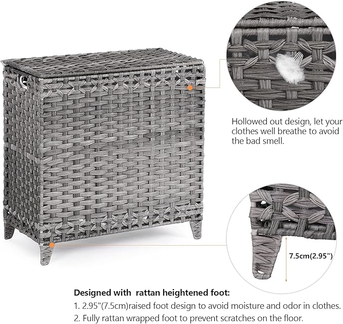 Laundry Hamper with 3 Removable Liner Bags; 132L Handwoven Rattan Laundry Basket with Lid & Heightened Feet; Clothes Hamper with Side Handles; Laundry Sorter with 3 Separate Sections - Image 5