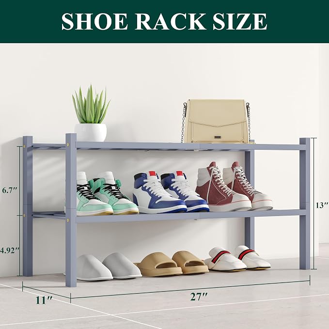 Smiry Shoe Rack, 2 Tier Bamboo Shoe Organizer, Stackable Free Standing Wooden Shoe Storage Shelf for Closet, Entryway, Front Door Entrance, Grey - Image 2