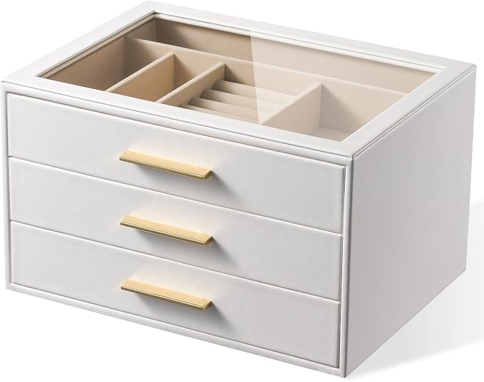 pickpiff Jewelry Box Organizer Case for Women: 3-Layer Jewelry Storage Case with Glass Window, Pure White Leather with Velvet Holder for Ring Necklace Bracelet Brooch Watch, Great Gift for Her by pickpiff