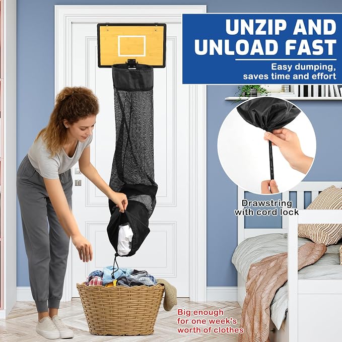 Wooden Basketball Laundry Hamper, Over the Door Hanging Basketball Hoop Laundry Basket with Drawstring, Space Saving Dirty Clothes Solution for Kids Room, Dorm Rooms, Bathroom - Image 6