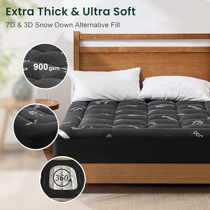 Love's cabin Twin Mattress Topper Viscose Derived from Bamboo, Thick Pillow Top Mattress Pad with Stretchable Pockets for 8"-20" Mattress, Breathable Cooling Mattress Topper for Hot Sleepers, Black