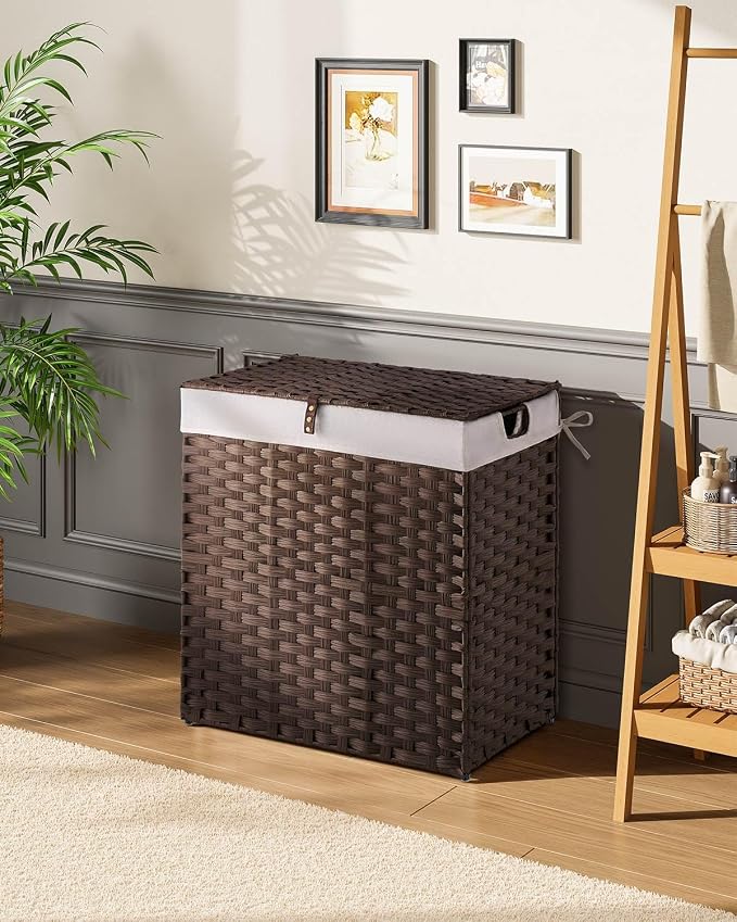 Greenstell Laundry Hamper with lid, No Install Needed, 110L Wicker Laundry Baskets Foldable 2 Removable Liner Bags, 2 Section Clothes Hamper Handwoven Rattan Laundry Basket with Handles, Brown - Image 2
