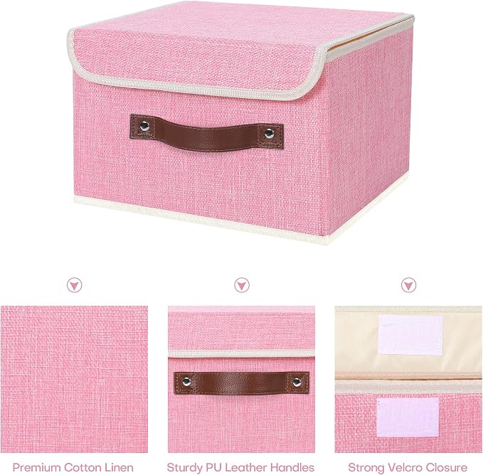 ANMINY 2PCS Storage Bins with Lid PU Leather Handles Storage Boxes PP Plastic Board Decorative Foldable Lidded Cotton Linen Fabric Home Cubes Baskets Closet Organizer Containers - Pink, Small Size - Image 3