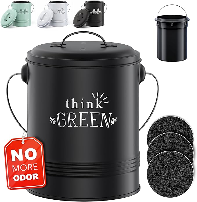 Barnyard Designs Compost Bin for Kitchen Counter - 1.2 Gallon Countertop Composter with Extra Smell-Absorbing Filters and Inner Bucket for Easy Cleaning - Food Waste Bin for Kitchen with Lid (Black) by BarnyardDesigns