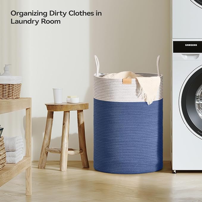 Nunsino Laundry Hamper 95L,Large Laundry Basket for Clothes,Decorative Storage Basket for Blankets,Cotton Rope Woven basket for bedroom,Navy Blue - Image 3