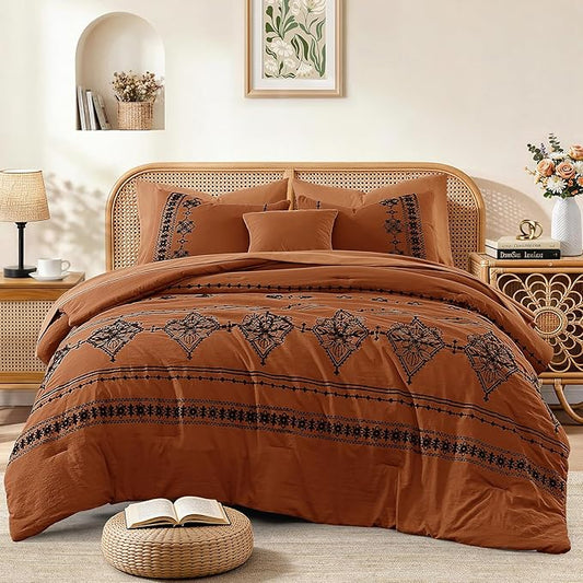 MaiRêve Full Size Comforter Set Burnt Orange, Embroidery Floral Western Boho Bedding Set, All Season 7 Pieces Bed in a Bag with Sheets, Pillowcases & Shams