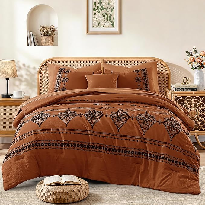 MaiRêve King Size Comforter Set Burnt Orange, Embroidery Floral Western Boho Bedding Set, All Season 7 Pieces Bed in a Bag with Sheets, Pillowcases & Shams