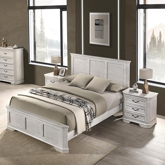 Roundhill Furniture Maderne Wood Panel Bed with Two Nightstand, King, Antique White Finish