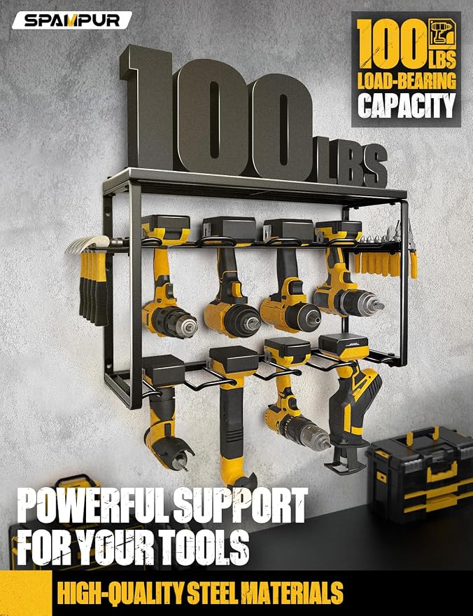 Spampur Power Tool Organizer, 8 Drill Holders Wall Mount, 3 Layer Heavy Duty Metal Storage for Garage Organization, Tools Storage with Hooks, Screwdriver Hammer Holder, Father's Day Mens Birthday Gift - Image 2
