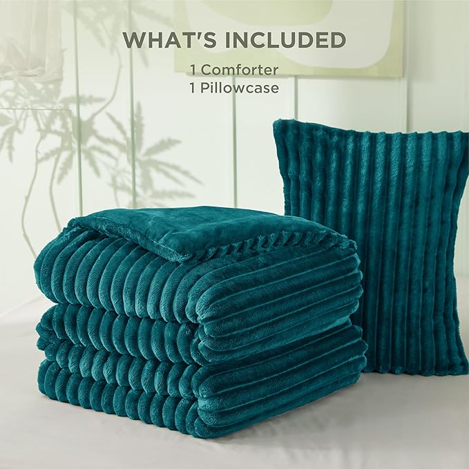 Bedsure Twin/Twin XL Size Comforter - GentleSoft™ 2 Pieces Double-Side Fleece Fluffy Teal Comforter Set, Cozy Striped Room Decor Aesthetic Luxury Twin Bedding Sets, 1 Pillowcase, 68x88 Inches