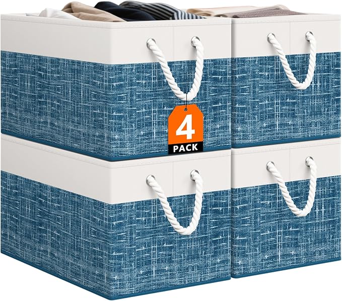 StorageTastic Storage Bin,Collapsible Storage Basket For Organizing,Large Storage Boxes With Rope Handles,Storage Containers,White & Blue,4 Pack by StorageTastic