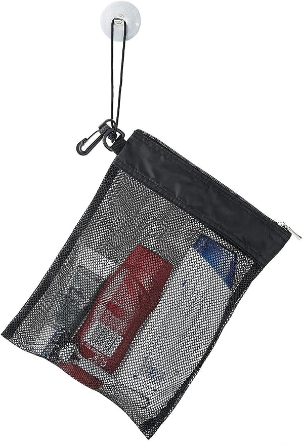 Shower Bag Tote, Mesh Caddy Toiletry Organizer 12”L x 9”W, Compact and Lightweight With Suction Cup, Cord for Hanging, Zipper and Drawstring Pouch 14”L x 10”W, Black - Image 2