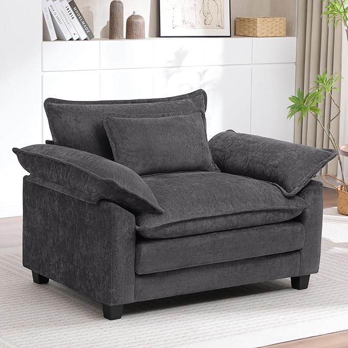 Modern Oversized Accent Chair,44" Chenille Upholstered Armchair with Deep Seat,Comfy Accent Chair Reading Chairs Cloud Sofa Chair for Living Room Bedroom Apartment Darkgrey