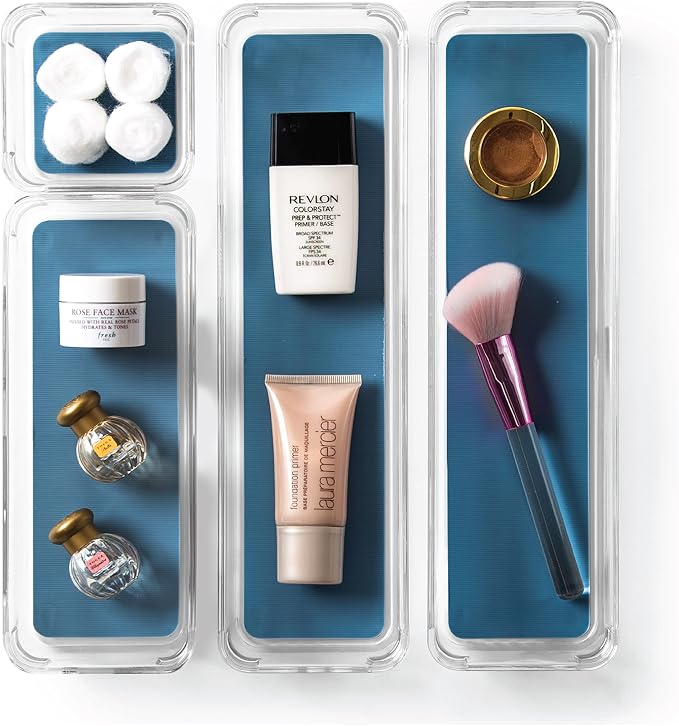 BINO | 4-Piece Drawer Organizer Bin Set - Navy, Small | THE MODULAR+ | Multi-Purpose Storage | Soft-Grip Lining and Non-Slip Rubber Feet | Durable | BPA-Free | Desk Drawer Organizer | Vanity Organizer by BINO