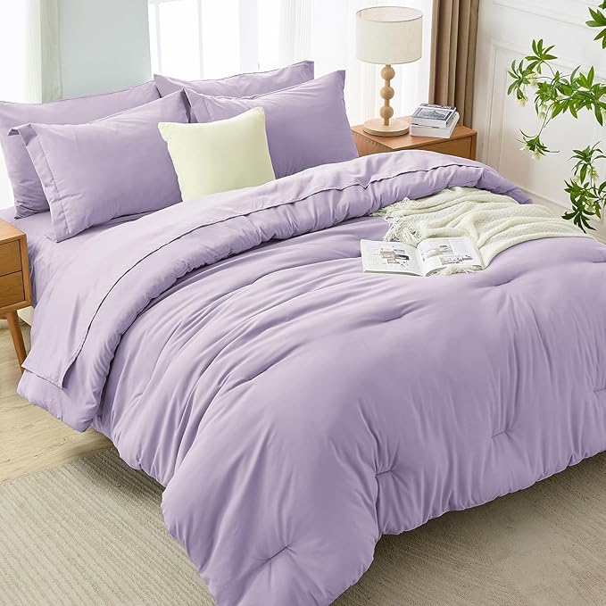 MUXHOMO 7 Pieces King Comforter Set, Soft Bed in a Bag King Size, All Season Bedding Set with Comforter, Flat Sheet, Fitted Sheet, Pillowcases & Shams, Lavender