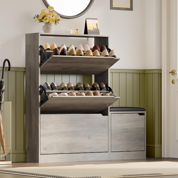 BORNOON Shoe Cabinet with Bench and 3 Flip Drawers, Slim Narrow Shoe Storage Cabinet, Freestanding Shoe Rack Organizer with Adjustable & Removable Shelves, Anti-Tip for Entryway, Hallway, Foyer by BORNOON