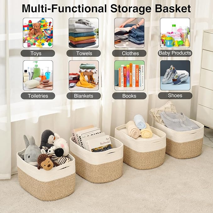 ICERZCZ Storage Baskets for Organizing & Shelves, Woven Cotton Rope Organization Bins for Dog Toys, Clothes, Books, Nursery Organizer, 15" Lx11''Wx9.5''H, (4 Packs) Off White & Brown - Image 4
