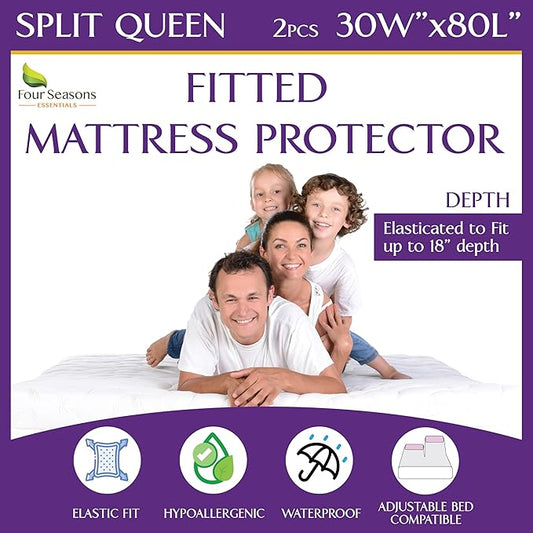 Split Queen Waterproof Mattress Protector 30" x 80" (2PCs) - Fitted Sheet Mattress Cover with Deep Pockets - Hypoallergenic, Breathable, Water Proof, Noiseless, Vinyl Free