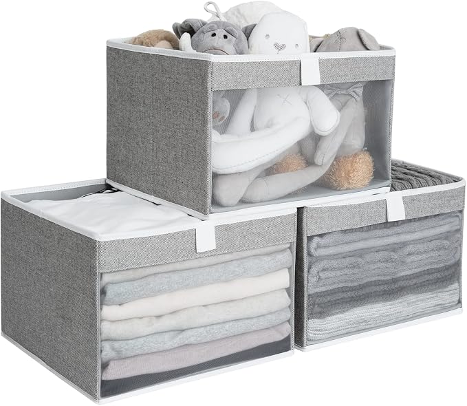 StorageWorks Closet Storage Bins, Large Storage Baskets with Clear Window and Handles, Foldable Fabric Organizer for Clothes, Shelves, Gray, 3 Pack by StorageWorks