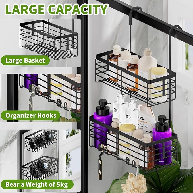 SHANSHUI Shower Hanging Caddy, Double Bathroom Showers Organizer Basket, Shampoo Bracket, Over Door Shower Rack with Hooks, 304 Stainless Steel Rustproof - Image 4