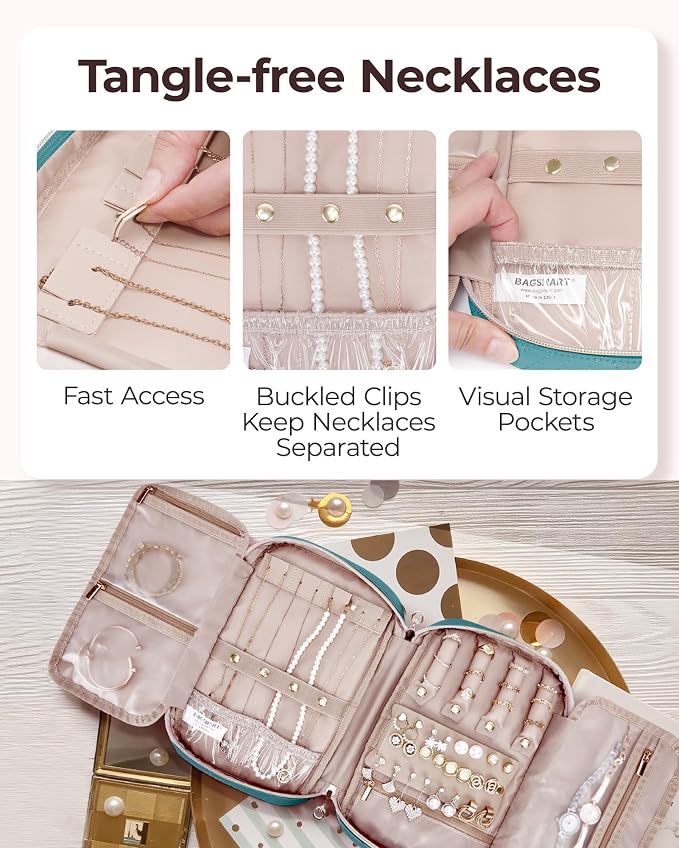 BAGSMART Travel Jewelry Case, Jewelry Organizer for Women Zipper Rings Holder Storage Pouch for Rolls Necklaces,Stud Earrings,Bracelets,Teal - Image 2
