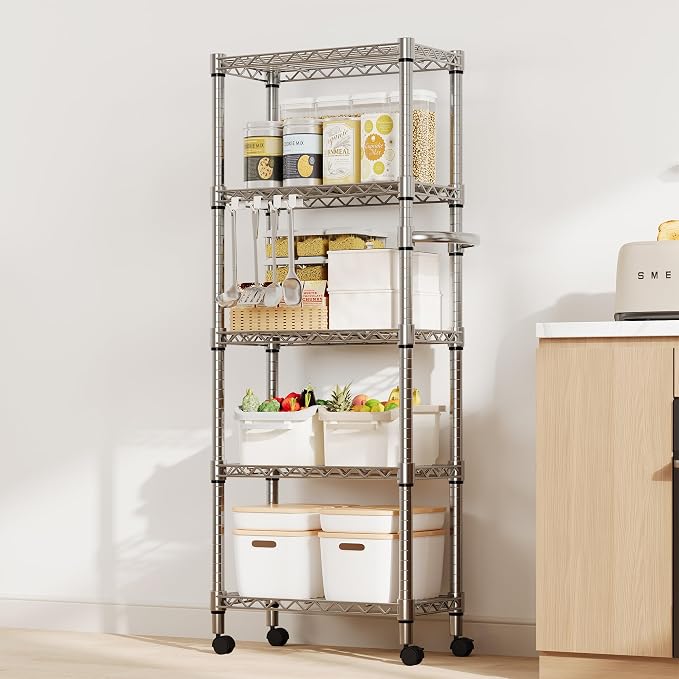 Garvee 5-Tier Storage Shelves Heavy Duty Metal Wire Rack Shelving, 1100 LBS Capacity Rolling Storage Rack with Wheels, for Living Room Pantry Kitchen Bedroom Organization - Image 2