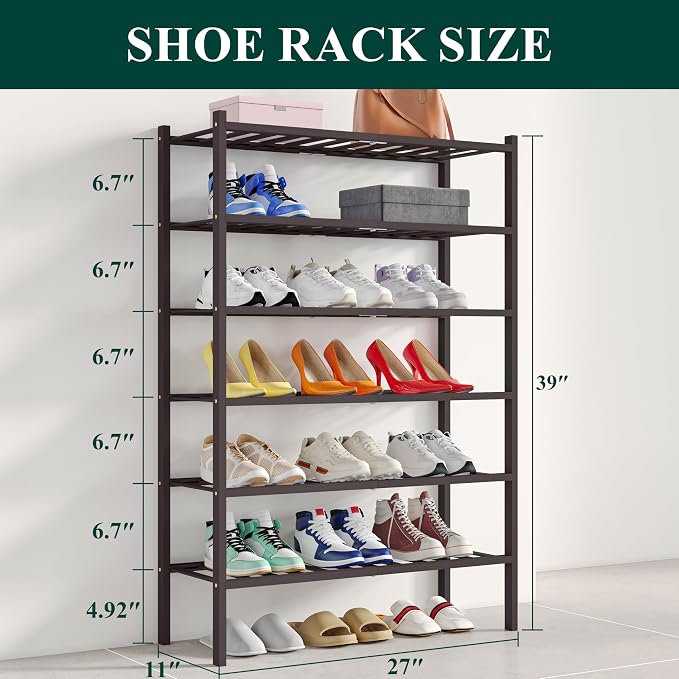 Smiry Shoe Rack, 6 Tier Bamboo Shoe Organizer, Stackable Free Standing Wooden Shoe Storage Shelf for Closet, Entryway, Front Door Entrance, Brown - Image 2