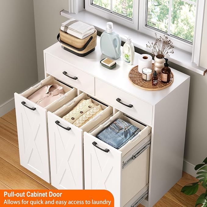 Herture Laundry Hamper Cabinet, Laundry Basket 3 Section with 2 Storage Drawers, Laundry Sorter with Pull-Out Removable Large Bags, 3 x 15.87 Gallons (60L), for Laundry Room Bathroom, White YL01XLW - Image 3